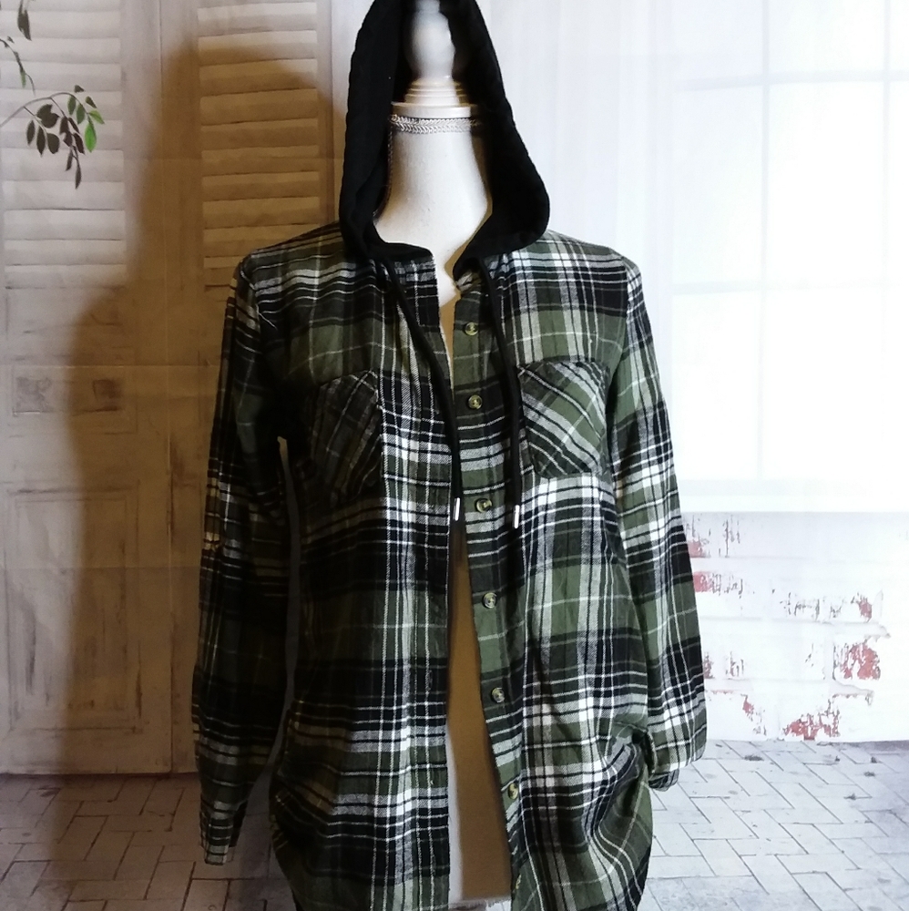 3/$15 NOBO green flannel plaid hooded shirt size S 3-5